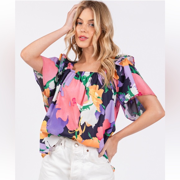14 Boho Floral Print Ruffle Detail Top - Picture 3 of 7
